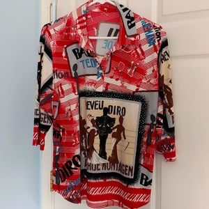 Contemporary mid length sleeve collared shirt with rhinestone buttons